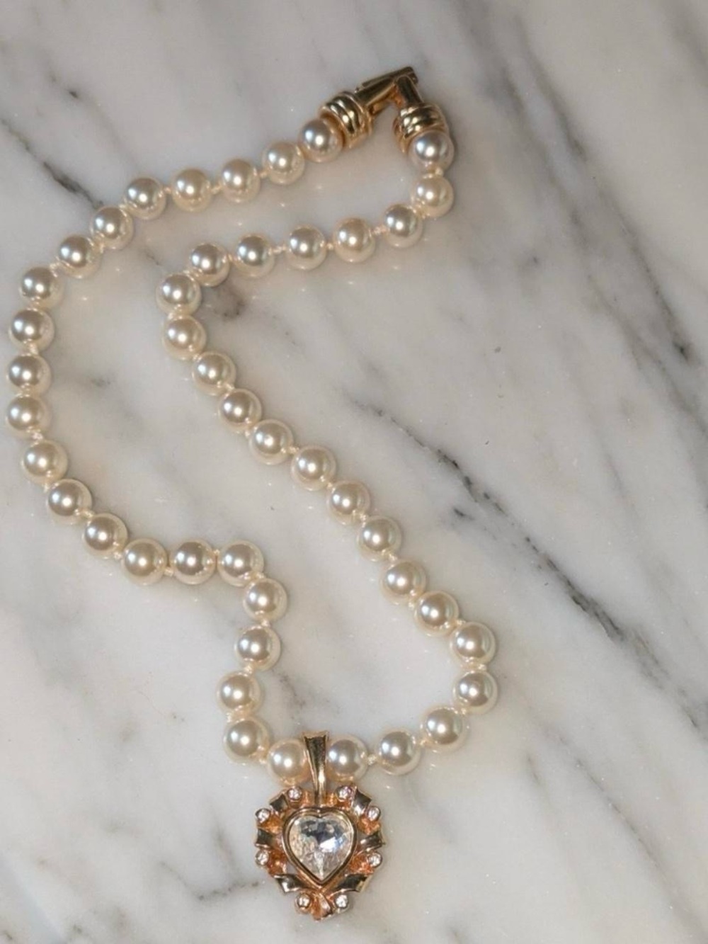Swarovski Vintage Heart Pearl Look Necklace SAL S.A.L. Gold Plated Gold Tone - Picture 5 of 8